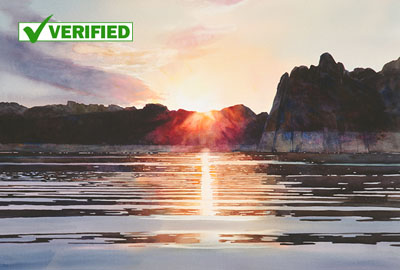 Watercolor sunset over calm water by artist David Drummond in ABQ NM